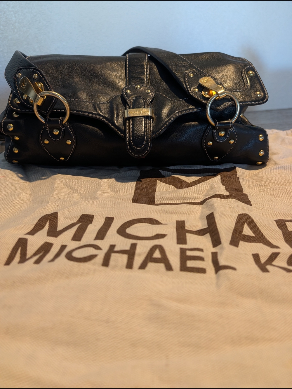 Michael Kors Black Leather Shoulder Bag with Gold Studded Accents